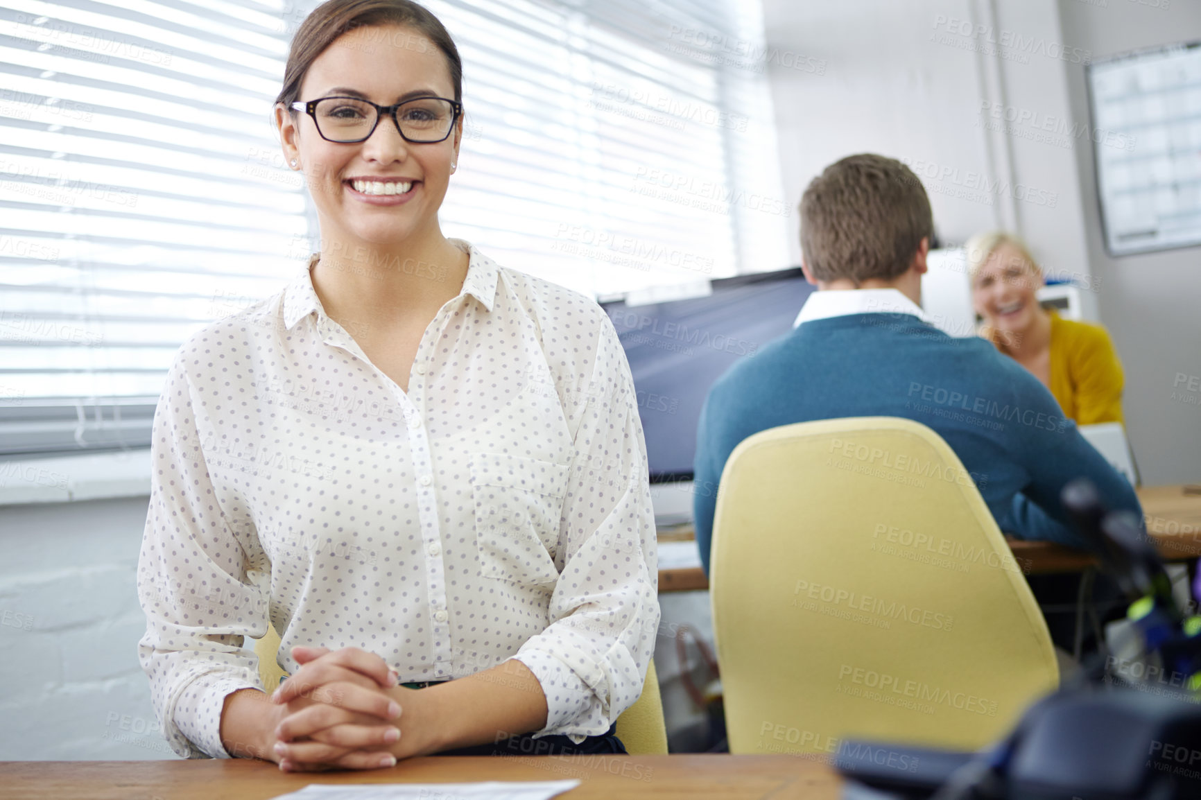 Buy stock photo Happy woman, portrait or secretary in startup with smile for career, business and consulting company. Female person, confident and receptionist in Los Angeles with pride for administration in office