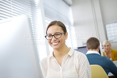 Buy stock photo Computer, business woman and reading email for software development at startup. Web designer, pc and happy professional working on project for information technology, coding and programming online