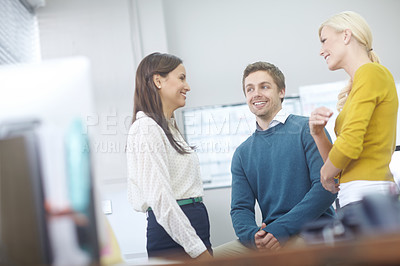 Buy stock photo Break, business people and relax in office for discussion, conversation and good news on startup project. Creative agency, women and man with happiness for teamwork, announcement and feedback