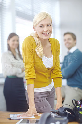 Buy stock photo Leadership, portrait and businesswoman in office for happiness and project management. Female designer, face and smile with pride in creative agency or company for career and startup in city