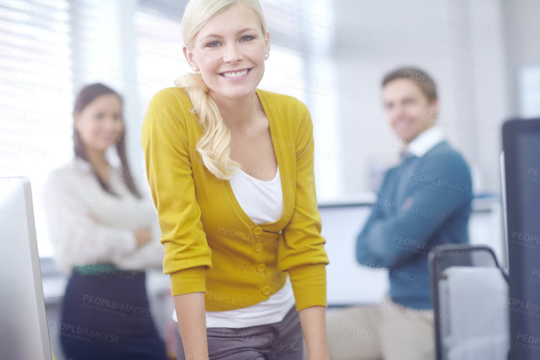 Buy stock photo Woman, happy and portrait for business in workplace, confident and company pride with secretary or administrator. People, smiling and coworking office, professional and creative start up or employee