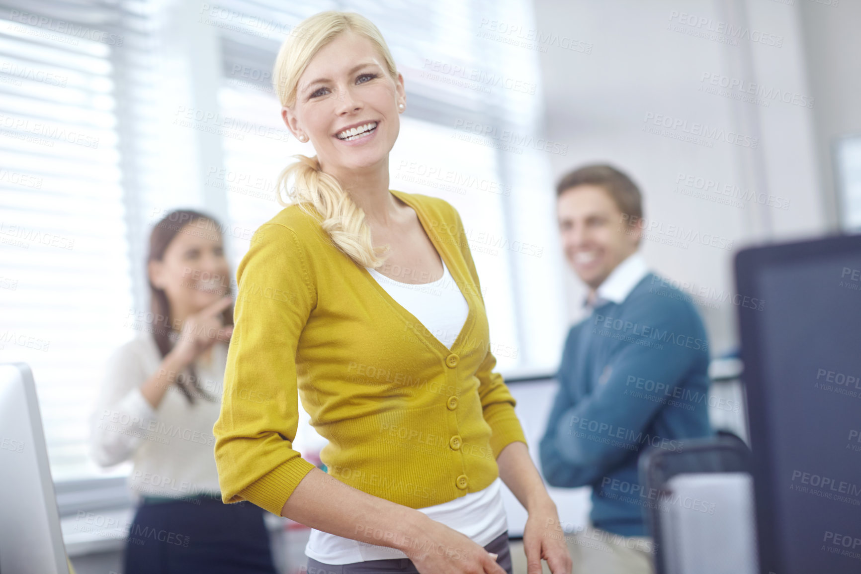 Buy stock photo Woman, smile and portrait for business in workplace, confident and company pride with secretary or administrator. People, smiling and coworking office, professional and creative start up or employee