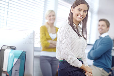 Buy stock photo Portrait, coworking or happy woman with confidence, startup or positivity with pride, growth or smile. Empower, consultant or employee in office with satisfaction, business or skills for internship