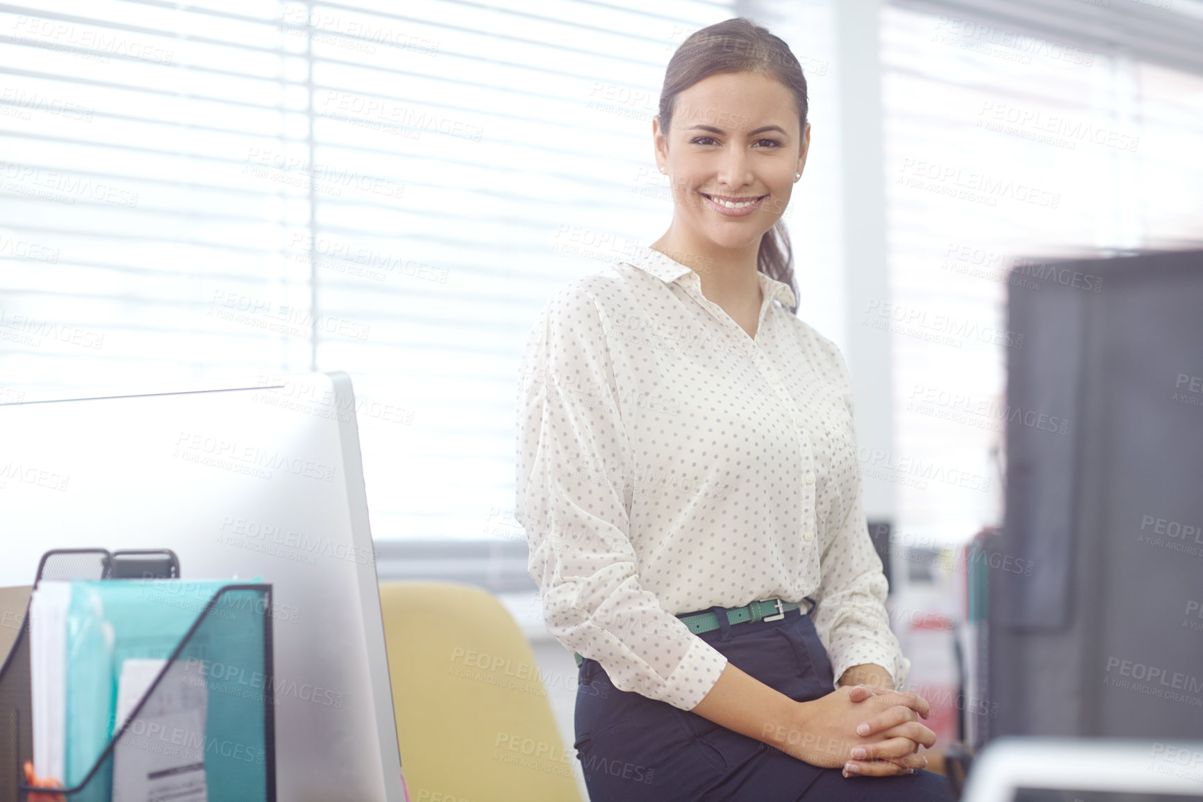 Buy stock photo Business, woman and portrait by desk in office for start of corporate as project manager for company progress. Female employee, professional and happy with ambition for job, problem solving and pride