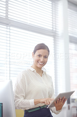 Buy stock photo Business, woman and portrait with tablet for receptionist internship, administration and online for human resource work, Girl, technology and secretary for job training, skill development and office.