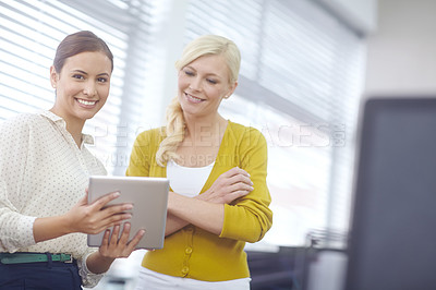 Buy stock photo Women, working or leadership in office with tablet, together with technology for web design business. Female manager, mentor or coaching colleague with ebook, problem solving and support with web