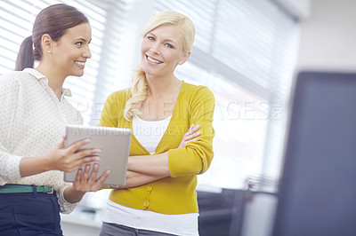 Buy stock photo Women, together or leadership in office with tablet, working with technology for web design business. Female manager, mentor or coaching colleague with ebook, problem solving and support with web