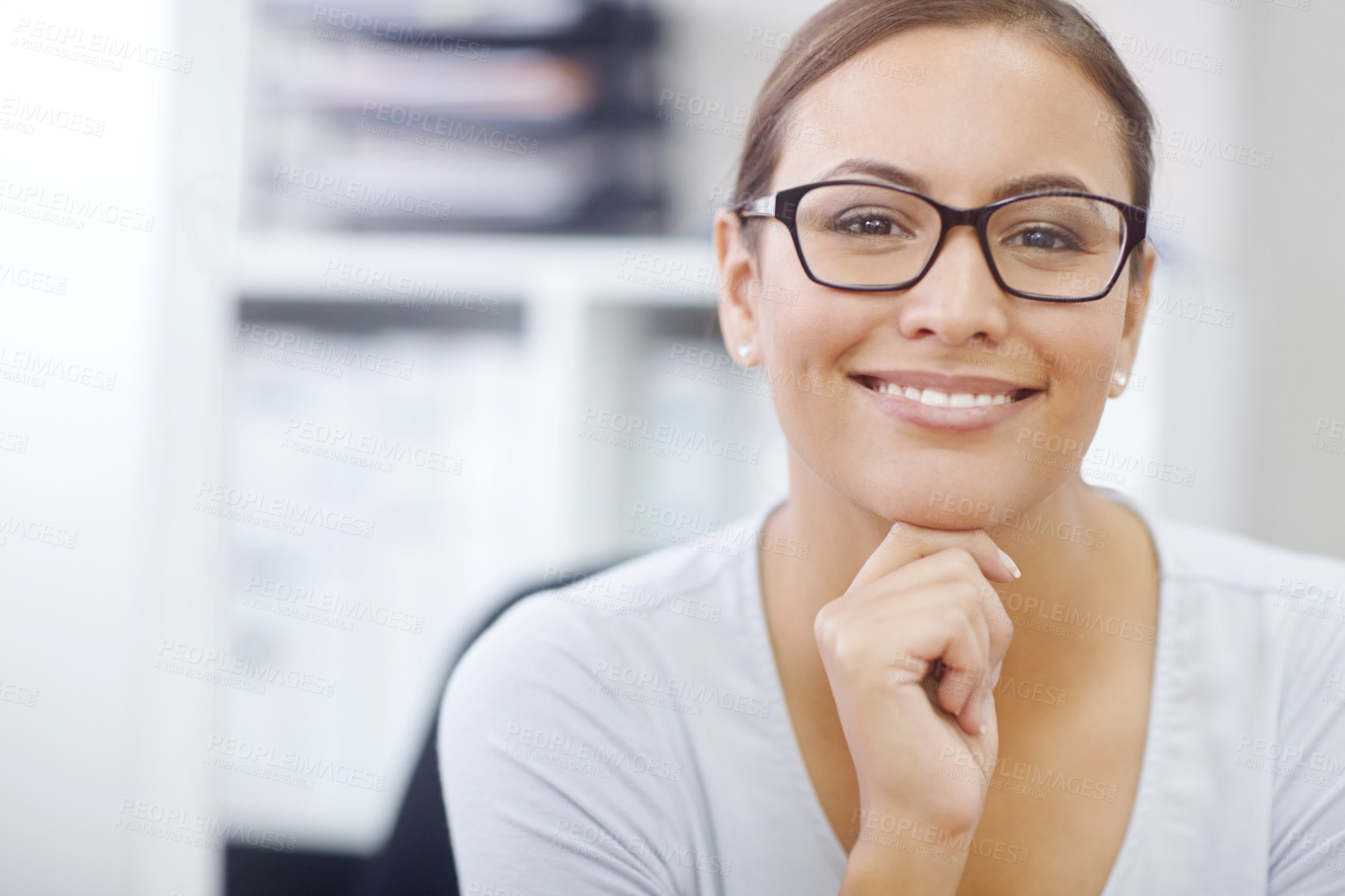 Buy stock photo Happy, thinking and face of woman in workplace for career in management and startup company. Pride, female person and ideas for position in human resources, leadership and job in creative agency 