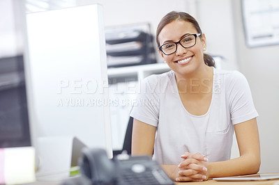 Buy stock photo Portrait of an attractive young businesswoman working in her office