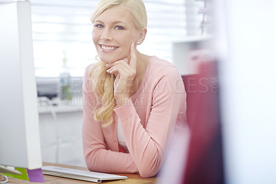 Buy stock photo Business, office and happy portrait with receptionist, administration and creative agency with secretary career. Smile, company employee and professional in workplace, confident and startup job