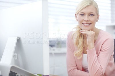 Buy stock photo Computer, portrait and creative business woman in office for software development at startup. Developer, face and happy professional entrepreneur, employee and confident worker in Switzerland for job