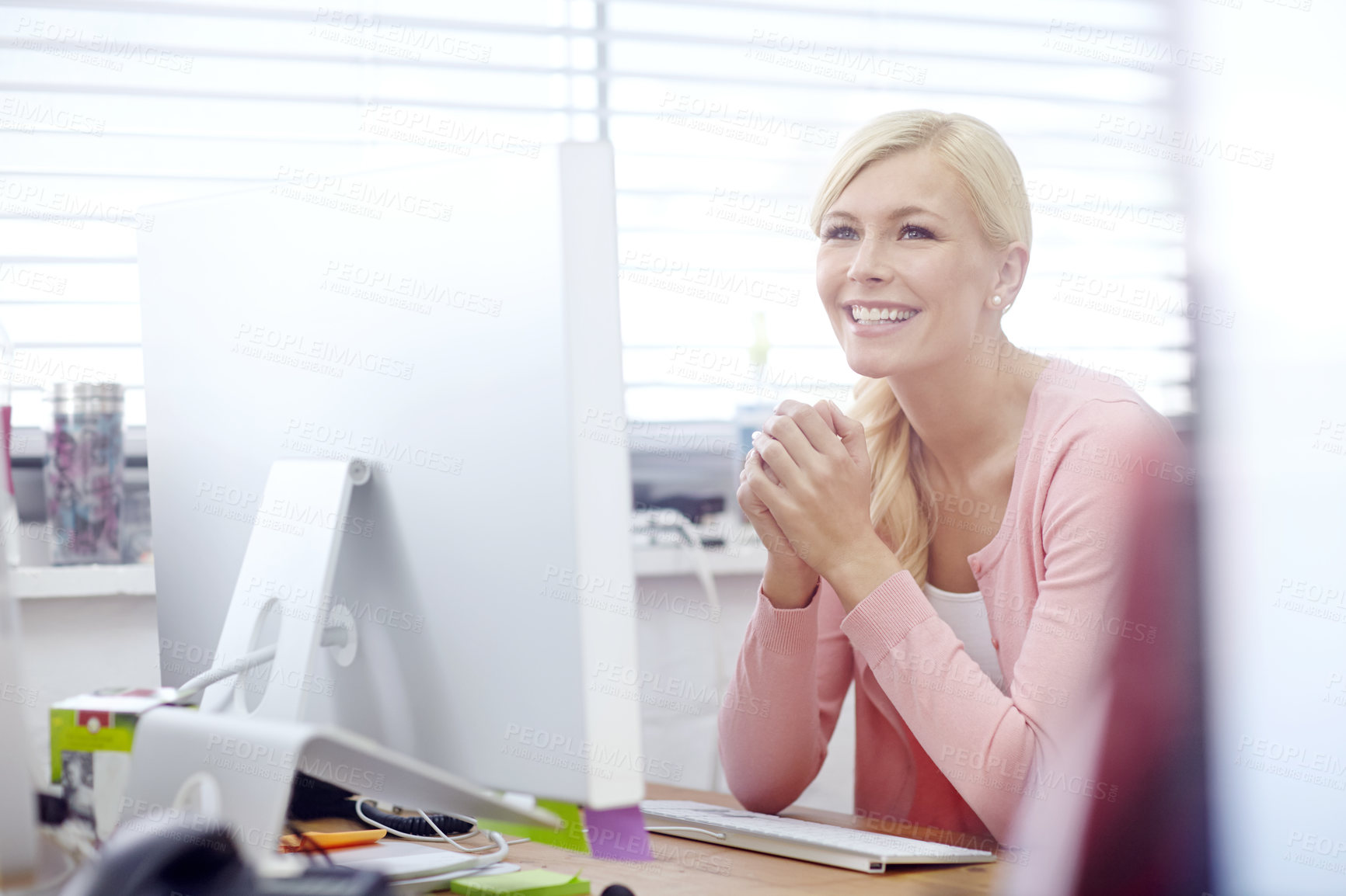 Buy stock photo Computer, planning and smile with business woman in office for administration or web development. Desktop, design and thinking with happy employee in workplace for information, networking or research