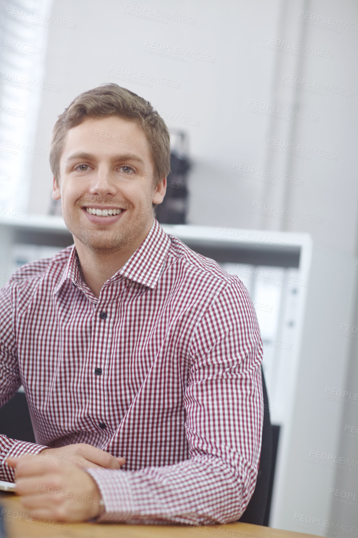 Buy stock photo Man, portrait and happy in office on desk with proud for career growth as human resources manager. Employee, smile and confident for job position or opportunity in startup company or business