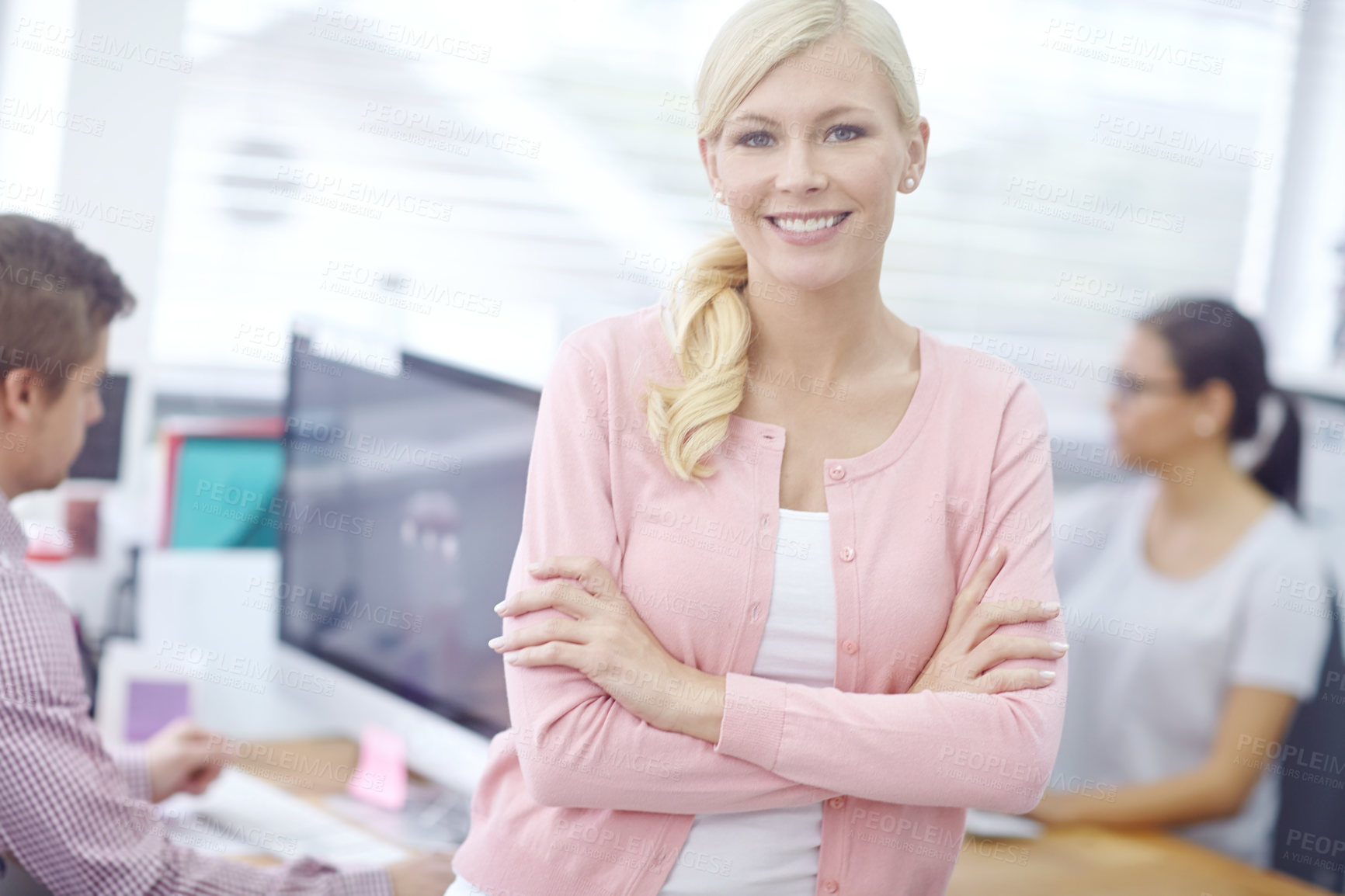 Buy stock photo Portrait, arms crossed or happy woman with confidence, smile or positivity for pride, growth or startup. Empower, consultant or employee in office with satisfaction, business or skills for internship