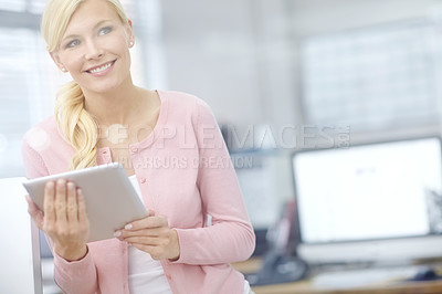 Buy stock photo Thinking, woman and online with tablet in office for communication, post and content creation for agency. Girl, creative manager and internet for business social media, account and trend influencer.