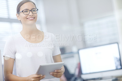 Buy stock photo Thinking, girl and online with tablet in office for communication, post and content creation for agency. Woman, creative manager and internet for business social media, account and trend influencer.