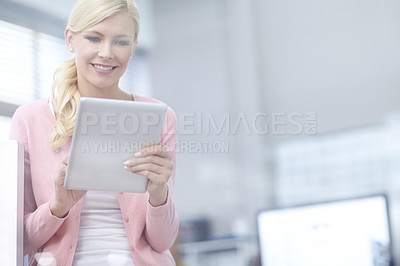 Buy stock photo Creative, girl and typing with tablet in office for communication, online post and content creation for agency. Woman, manager and internet for business social media, account and trend influencer.