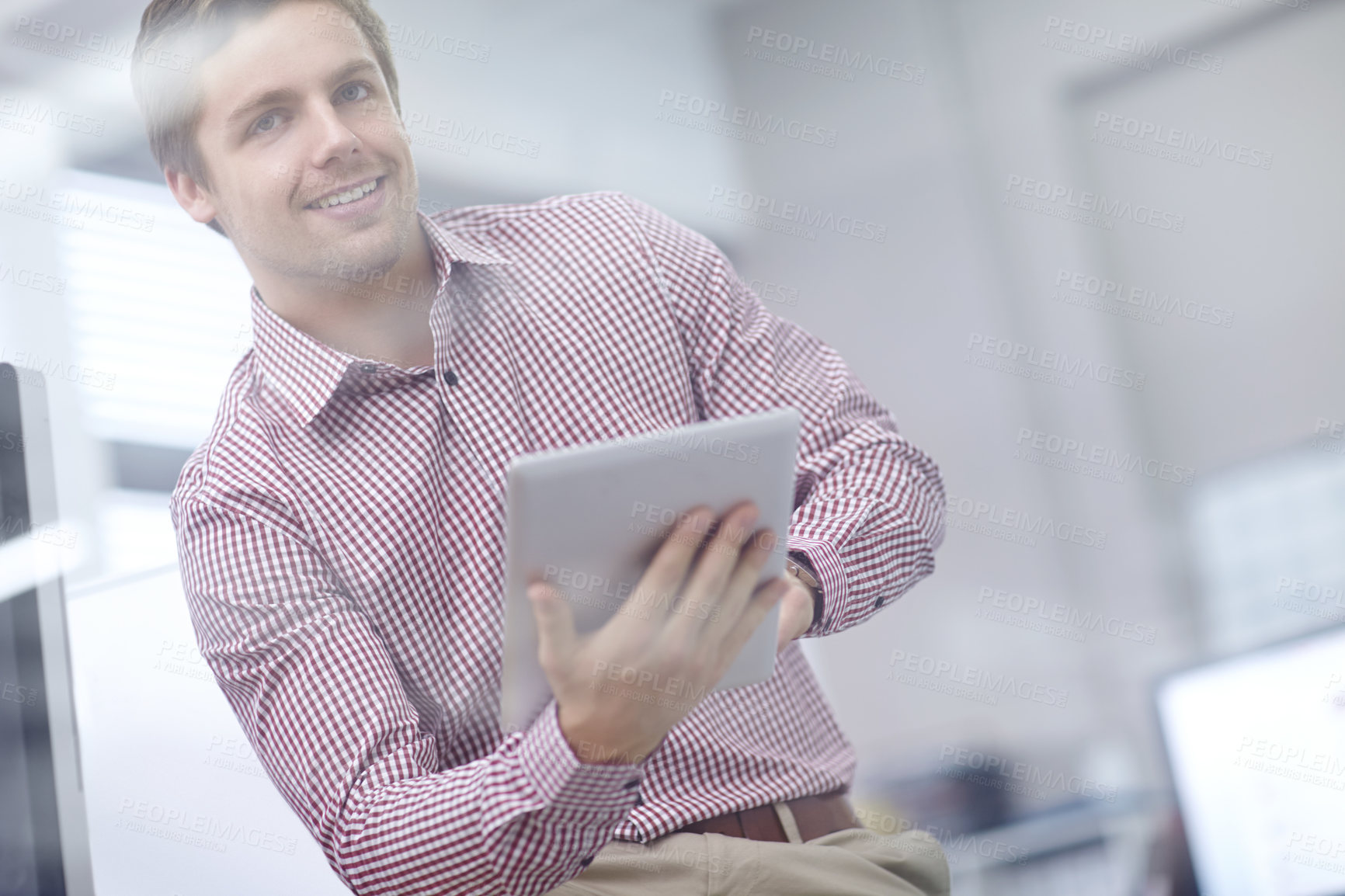 Buy stock photo Businessman, tablet and portrait in office for reading email and research at desk for career. Financial advisor, networking and technology in workplace for social media or streaming news for company 