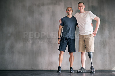 Buy stock photo happy, physiotherapist and man with disability in portrait with prosthetic leg in mockup space. Studio, background and orthopedic healthcare or rehabilitation for disabled male person with smile