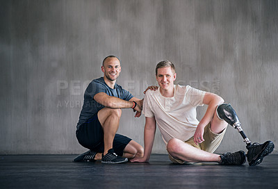 Buy stock photo Portrait of a male amputee and his physiotherapist