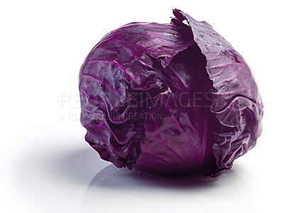 Buy stock photo Purple, kale and vegetable in studio and fresh for diet, nutrition and wellness for vegan. Raw cabbage or produce and healthy for salad or food, natural with vitamins and leaves for eating with color