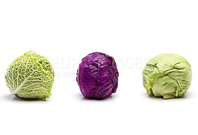 Buy stock photo Fresh, cabbage and studio in white background for cooking, meal and prep in healthy diet for wellness. Green, red and vegetables in food for salad, nutrition and vegan for kitchen in backdrop