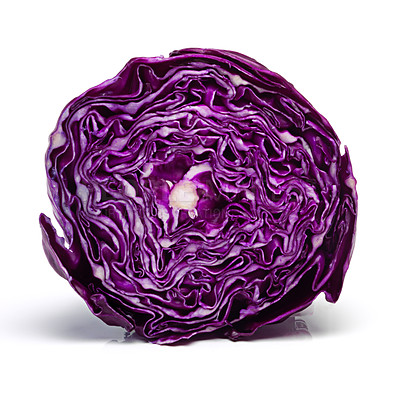 Buy stock photo Red, cabbage and studio in white background for vegan, meal and prep in healthy diet for wellness. Fresh, organic and vegetable in food for salad, nutrition and cooking for kitchen in backdrop