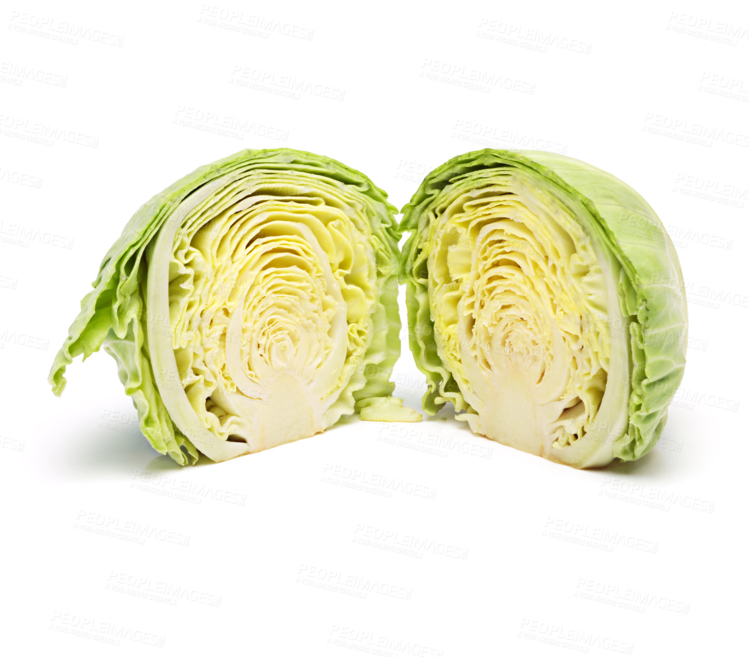 Buy stock photo Fresh, cabbage and studio in white background for vegan, meal and prep in healthy diet for wellness. Green, organic and vegetables in food for salad, nutrition and cooking for kitchen in backdrop