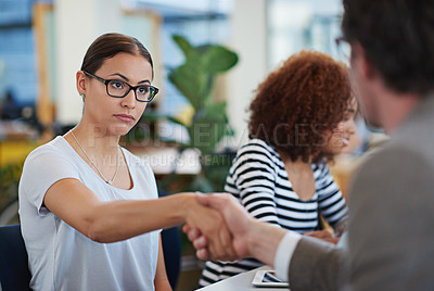 Buy stock photo Business, woman and meeting with handshake in office for creative startup, teamwork and feedback for staff. Male person, people and welcome greeting in professional workplace for review with report 