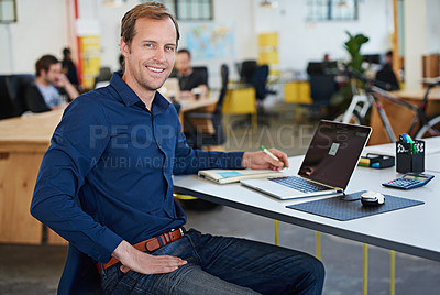 Buy stock photo Office, portrait of man or software developer with computer for testing programs, applications and career in workplace. Businessman, notebook and laptop for coding data with smile or professional