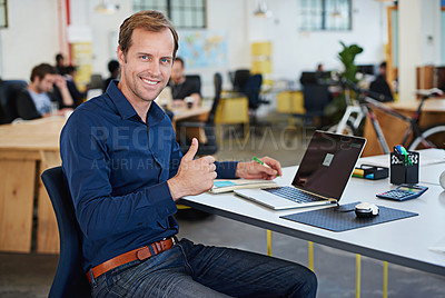 Buy stock photo Office, portrait of man and thumbs up with computer for creativity, designer and career in workplace. Businessman, software developer and laptop for working with technology, smile or professional