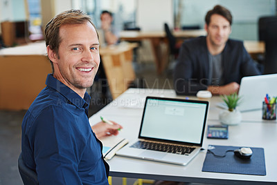 Buy stock photo Portrait, happy man and laptop screen in office for ux design with research, creative project and smile. Agency, writing and male developer in workplace with tech for seo, info and content planning