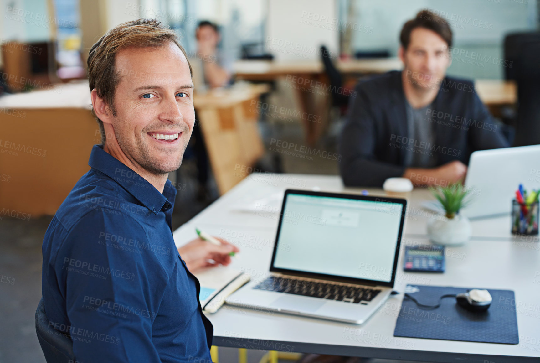 Buy stock photo Portrait, happy man and laptop screen in office for ux design with research, creative project and smile. Agency, writing and male developer in workplace with tech for seo, info and content planning