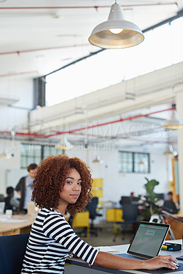 Buy stock photo African woman, portrait and laptop for web design in office for project, email and content creation. Proud female person, graphic developer and start up company, desk and computer in modern workplace