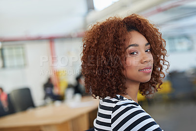 Buy stock photo Portrait, confident and woman sitting in office for planning, solutions and ideas for a startup business project. Happy, female person and brainstorming for information in professional workplace