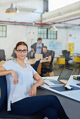 Buy stock photo Woman, laptop and portrait in coworking space for company career and online planning for creative research project on web. Female professional designer and smile in office with tech on email internet