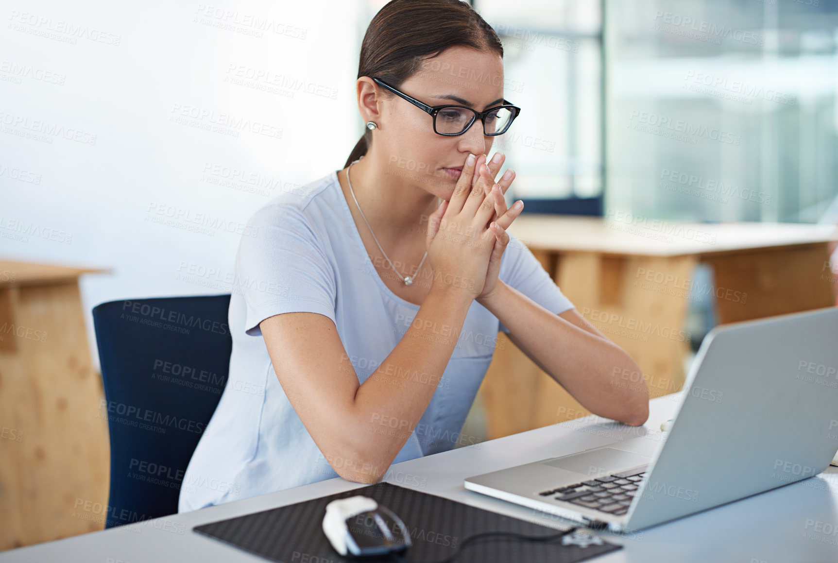 Buy stock photo Thinking, woman and developer in office with laptop for vision to planning, solutions and ideas for a creative startup business. Female person, developing and information on computer at workplace