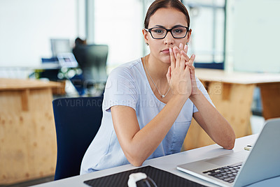 Buy stock photo Woman, thinking and laptop on desk in portrait for confidence, planning and schedule meeting. Female person, tech and thoughts or ideas of work agenda, research data and creative strategy in office