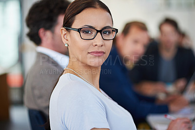 Buy stock photo Portrait, businesswoman and colleagues in seminar room for conference or meeting in boardroom. Female employee, group and coworkers in office for teamwork, collaboration and planning in workplace