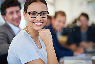 Buy stock photo Portrait, meeting and smile with business woman with team for discussion in confidence. People, collaboration and pride with employees, planning and workshop for administration with company in office