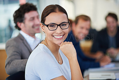 Buy stock photo Woman, meeting and confident in office portrait with colleagues for corporate, collaboration and agenda. Business person, teamwork and planning together for project, support and communication