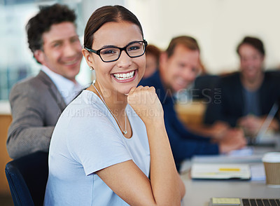Buy stock photo Portrait, businesswoman and smile in seminar for conference or meeting in boardroom. Female employee, happy and coworkers in office for teamwork, collaboration and laptop in workplace with group