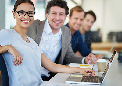 Buy stock photo Happy woman, laptop and glasses in meeting with business parters at boardroom table for strategy seminar. Female person, portrait and collaboration in workshop for career, brainstorming and planning.