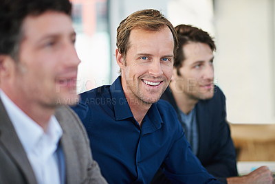 Buy stock photo Man, portrait and business meeting in boardroom for planning, positive and proud of company vision. Male person, happy and confidence in teamwork for collaboration, finance firm and unity in office
