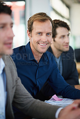 Buy stock photo Man, portrait and business meeting for planning, positive mindset and proud of company vision. Male person, office and confidence in teamwork for collaboration, finance firm and unity in mission