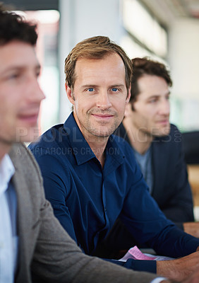 Buy stock photo Man, portrait and meeting in boardroom for planning, positive and proud of company vision. Male person, happy and confidence in teamwork for collaboration, finance firm and solidarity in office