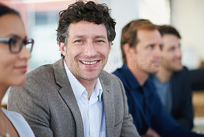 Buy stock photo Man, portrait and business meeting for mission in boardroom, positive and proud of company vision. Male person, happy and confidence in teamwork for collaboration, finance firm and smile in office