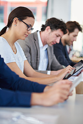 Buy stock photo Woman, business and tablet at meeting for online startup company, planning and strategy work. Female person, men and teamwork in office for collaboration, web and brainstorming for new project