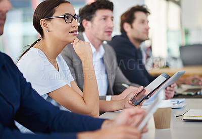 Buy stock photo Office, business people and listening to presentation, seminar and corporate meeting in workplace. Group of employees, teamwork or collaboration for partnership or ideas in work conference with tech