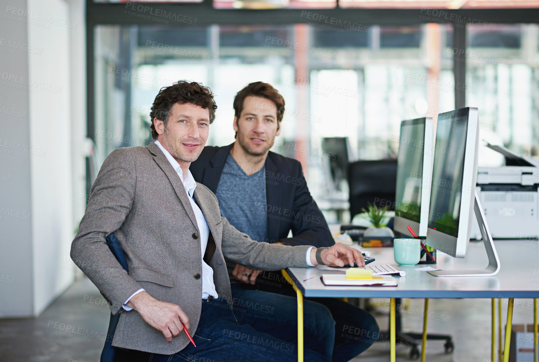 Buy stock photo Business men, computer monitor and portrait in office for company career and online planning in project management on web. Professional male analyst, smile and tech for email,  internet and research 